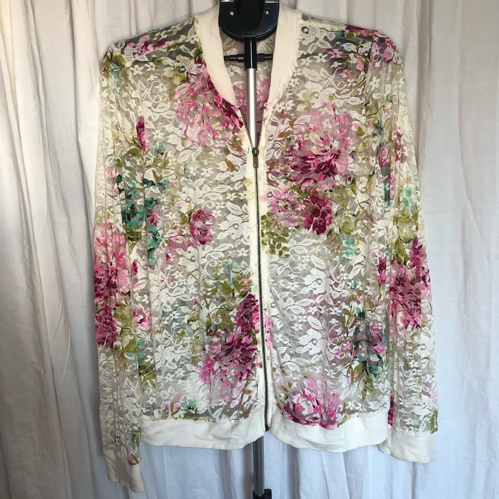 torrid Cream Lace Floral Bomber Jacket with Pink & Green Accents